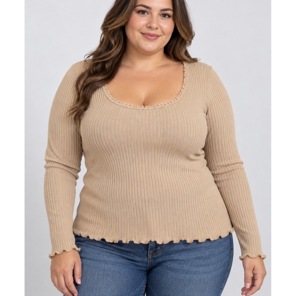 Ambiance Ribbed Long Sleeve Lettuce Trim Scoop Neck Top Tan Mocha Large C9-0468